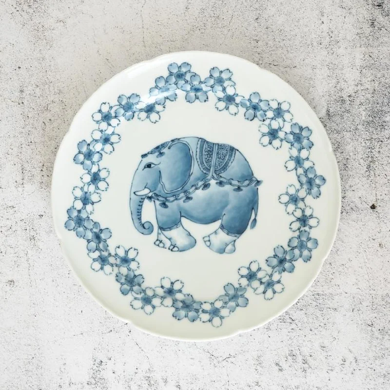 [LARGE PLATE (PLATTER)] 7-SUN CHERRY BLOSSOM ELEPHANT | MIKAWACHI WARE | HIRADOSHOUZAN