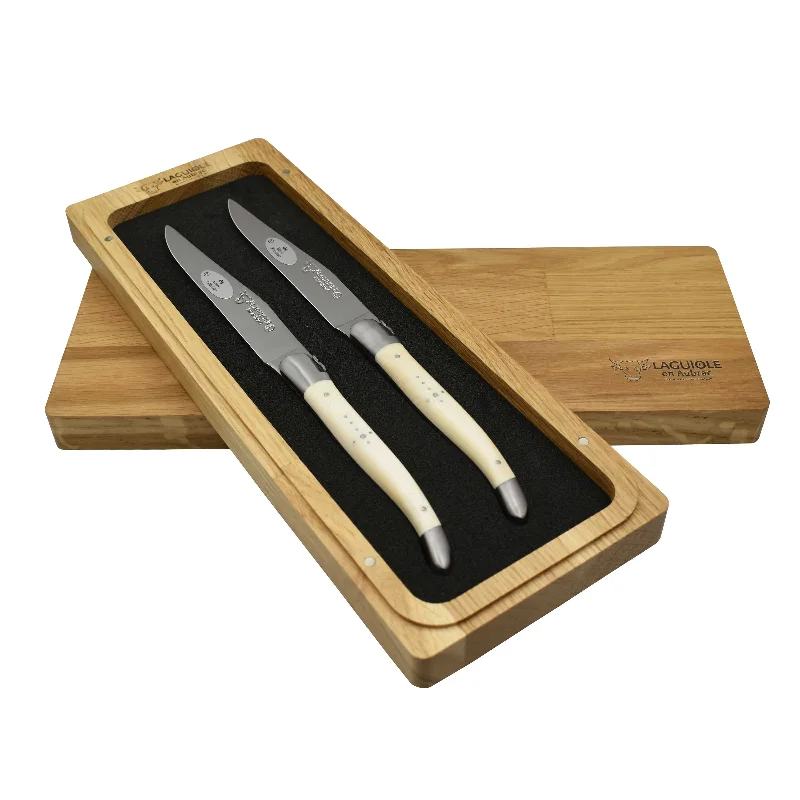 Laguiole en Aubrac Luxury Stainless Steel 2-Piece Steak Knife Set With Zebu Bone Handles