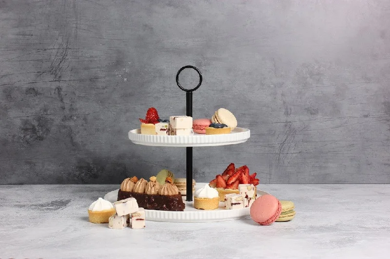 Gabel & Teller Matte White Ceramic 2 Tier Serving Platter with Matte White Stainless Steel Handle Top Tier: 20cm, Bottom Tier: 28cm