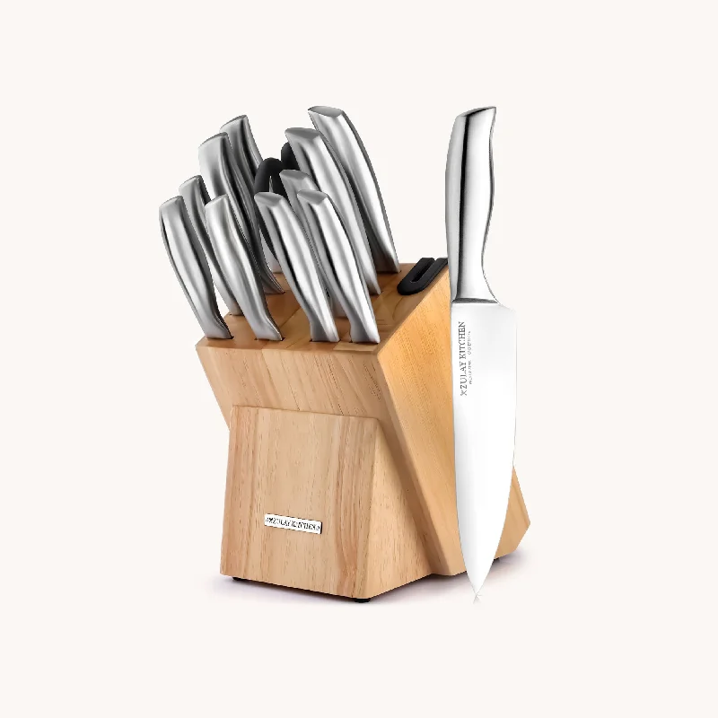 Stainless Steel Kitchen Knife Set With Block and Sharpener