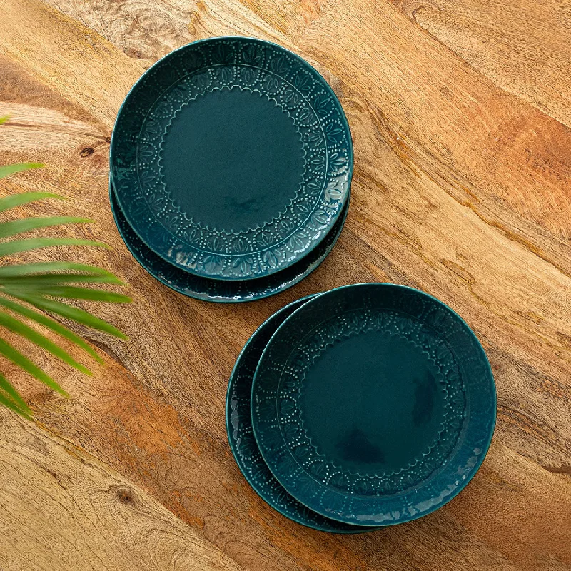 Teal Forest' Hand Glazed Ceramic Dinner Plates (Set of 4, Hand-Etched, Microwave Safe)