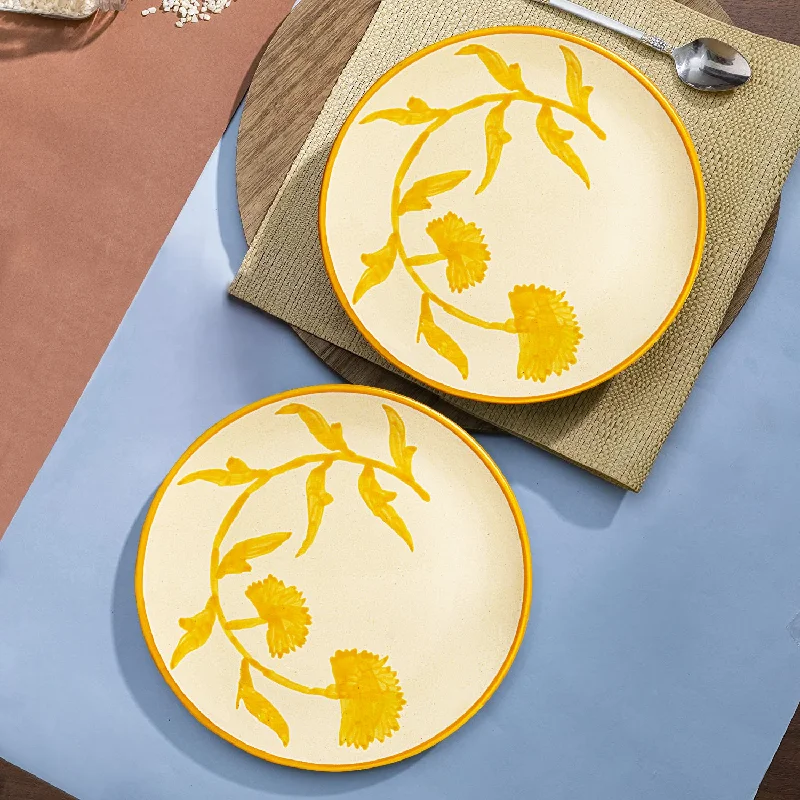 “The Lucid Yellow Collection” Hand Painted Ceramic Floral Dinner Serving Plates ( Set of 2, Yellow and Off White , Diameter – 10 inches)