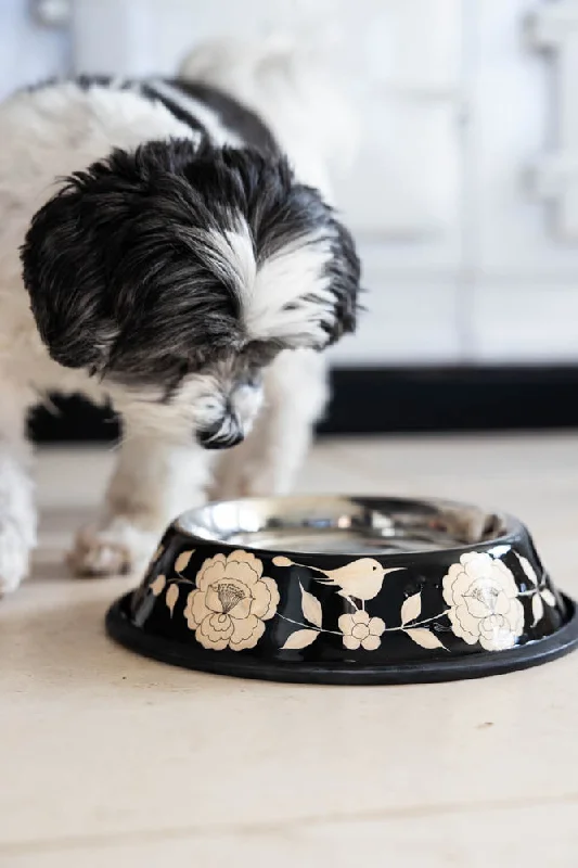 Monochrome Floral Stainless Steel Dog Bowl