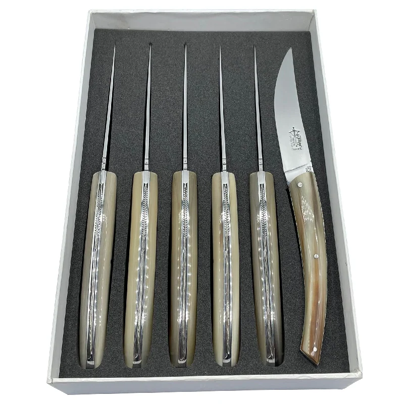 Arbalete Genes David Luxury Fully Forged Steak Knives 6-Piece Set With Full Solid Horn Handles, 4.25-Inches