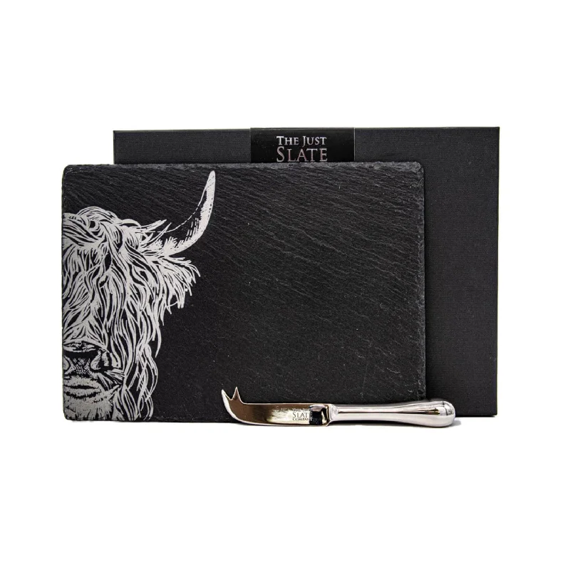 Selbrae House Slate Cheese Board & Knife Set - Highland Cow