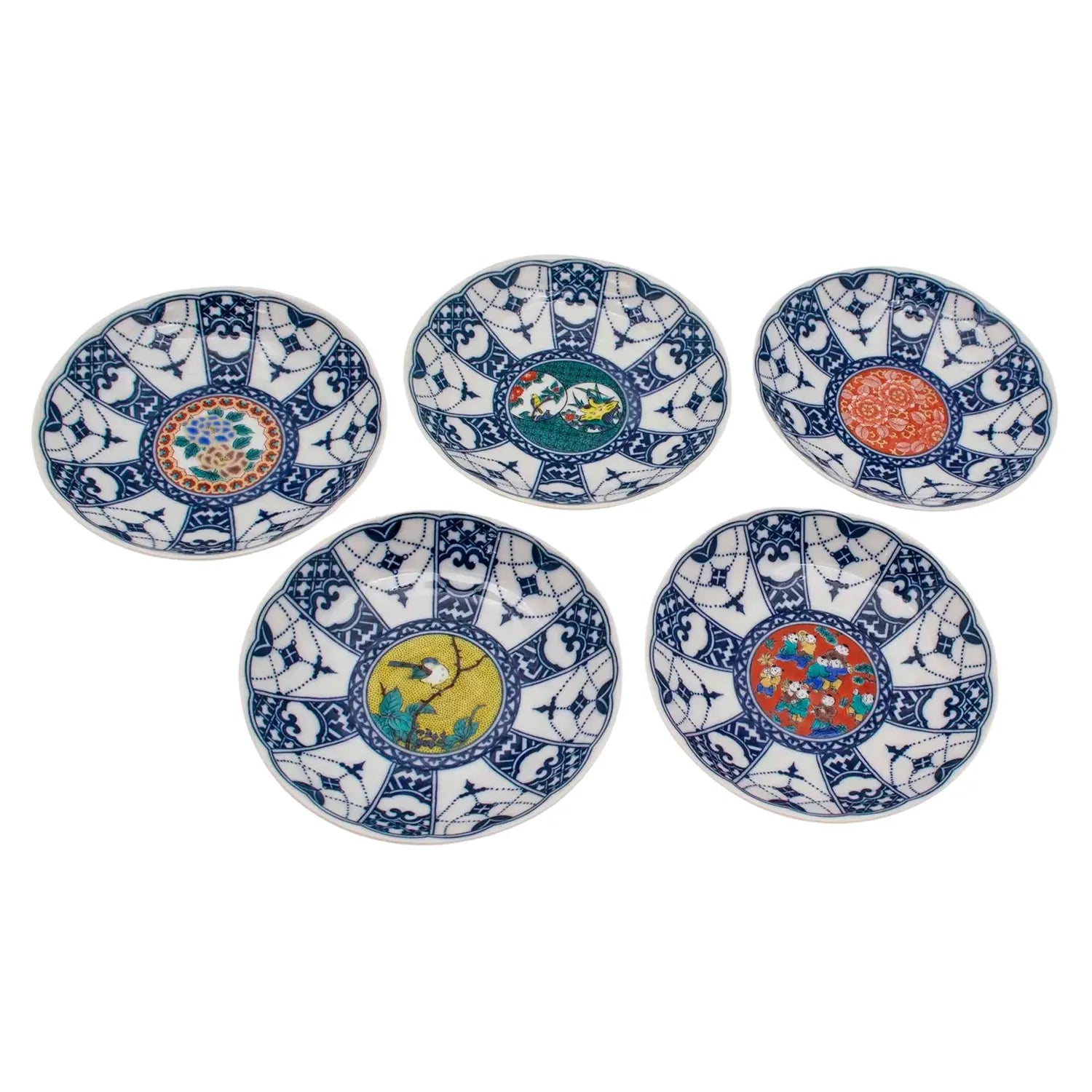 SEIKOU Kutani Porcelain Plate Sometsuke-Yorakumon-Jidaie 14cm 5 pcs