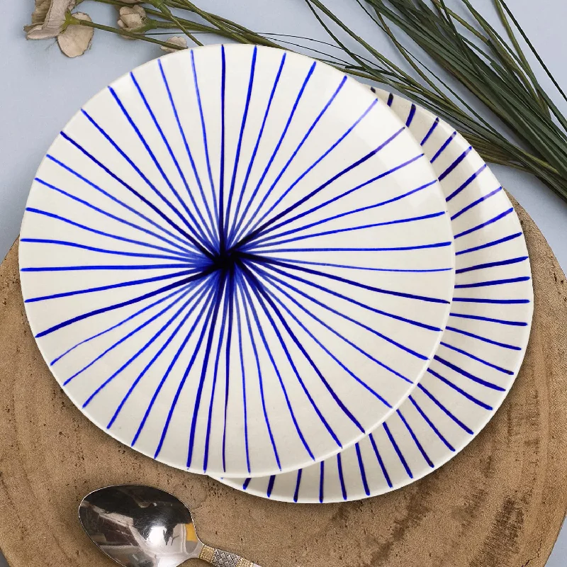 “Blue Kasa Line” Ceramic Striped Dinner Serving Plates (Set of 2, White and Blue)