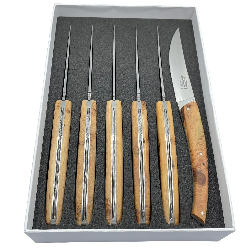 Arbalete Genes David Luxury Fully Forged Steak Knives 6-Piece Set With Full Juniper Wood Handles, 4.25-Inches