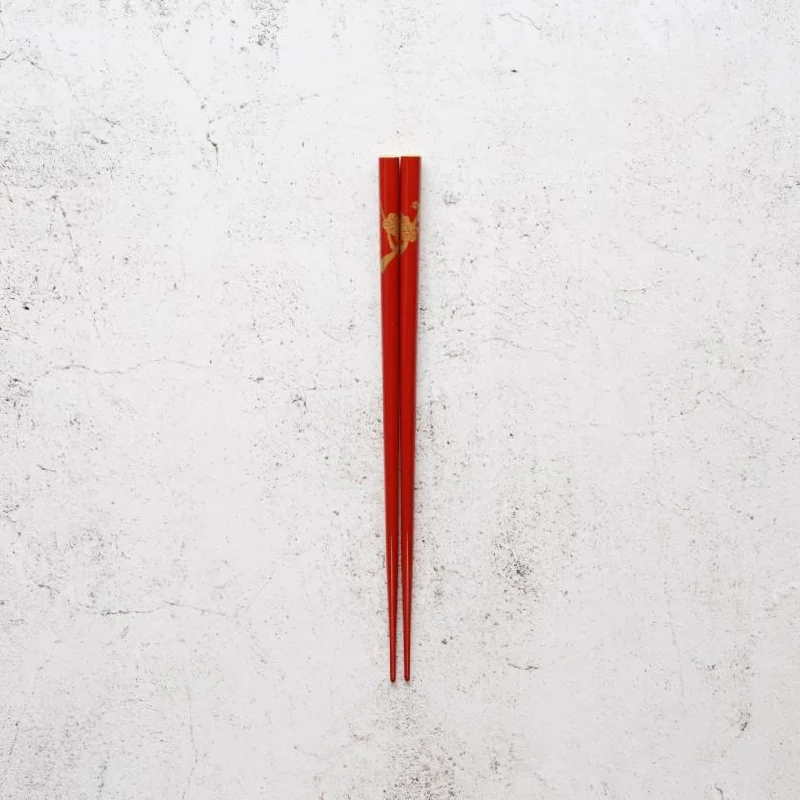 [CHOPSTICKS] HAND-DRAWN GOLD OR SILVER LACQUR PLUM RED (1 SET) | HASHIMOTO KOUSAKU SIKKI | WAJIMA LACQUER