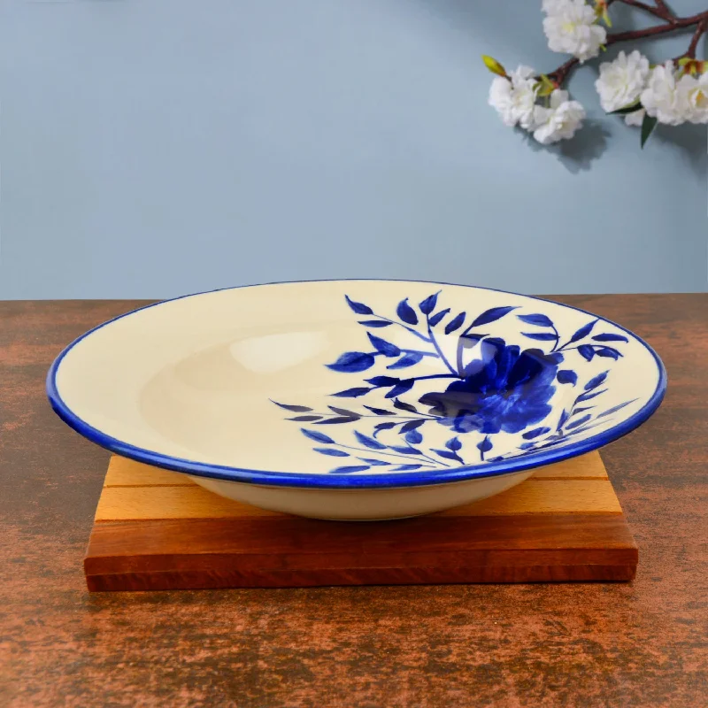 Handpainted Premium Ceramic Floral Deep Pasta Plate (Diameter – 9.5 inches, Blue & Off White)