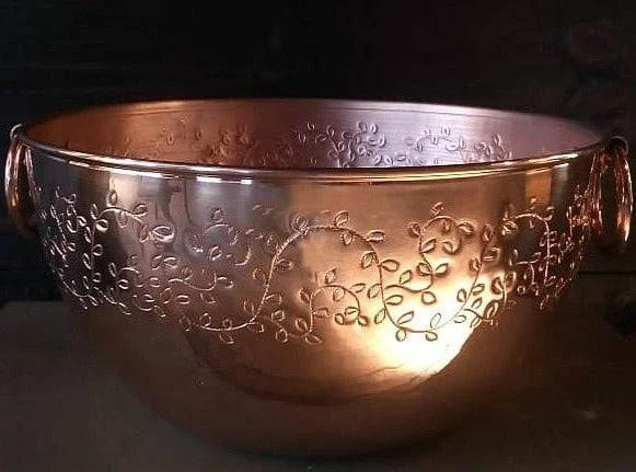 Copper Mixing Bowl with Hand-Engraved Leaves 11.8" x 6"