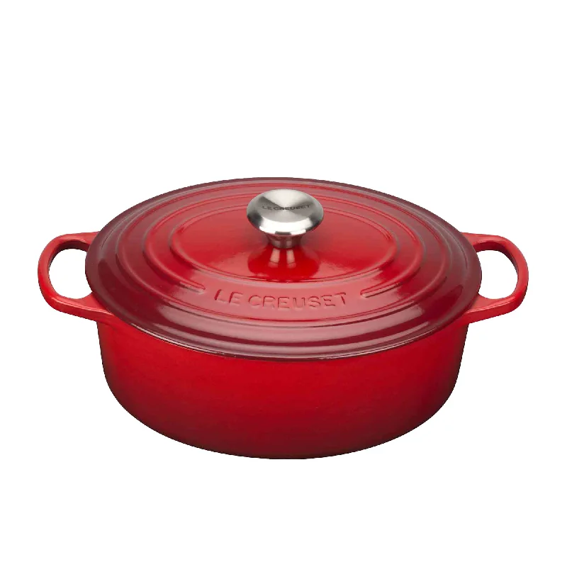 Le Creuset Signature Cast Iron Oval Casserole Stainless Steel Knob 29cm 4.7 Litre Cerise in Red