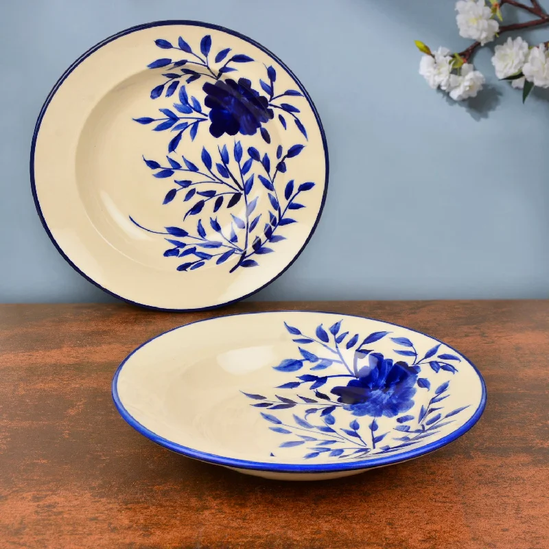 Handpainted Premium Ceramic Floral Deep Pasta Plates (Set of 2, Diameter – 9.5 inches, Blue & Off White)