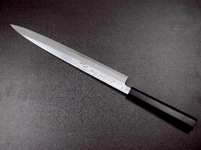 Sakai Jikko Sashimi (Yanagiba) Knife-Blue-1 Steel Damascus with Ebony Handle (27cm)