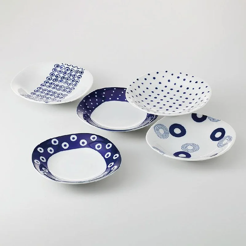 [DISH SETS] INDIGO ROUND PATTERN PASTA & CURRY SET OF 5 | HASAMI WARES| SAIKAI TOKI