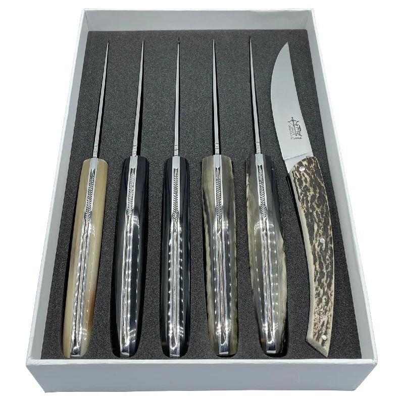 Arbalete Genes David Luxury Fully Forged Steak Knives 6-Piece Set with Full Mixed Horn Handles, 4.25-Inches