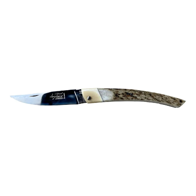 Arbalete Genes David Laguiole Multi-Purpose Folding Knife With Handcarved Spring, Deer Antler Handle And Bone Bolster, 4.8-in