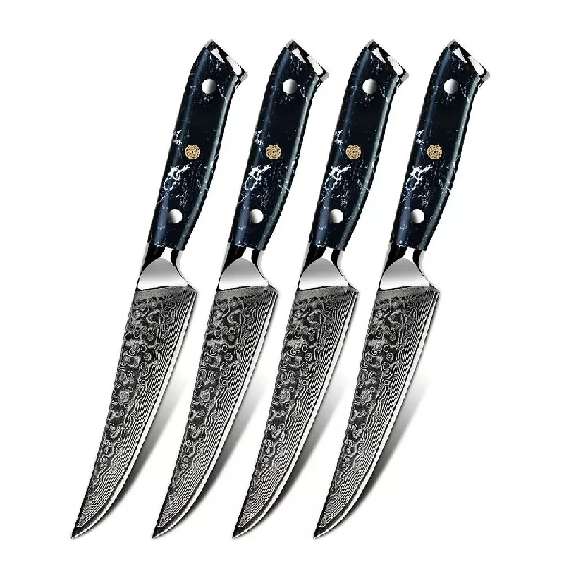 Minimal Black Stone Handle Damascus Steak Knife Set Of 4