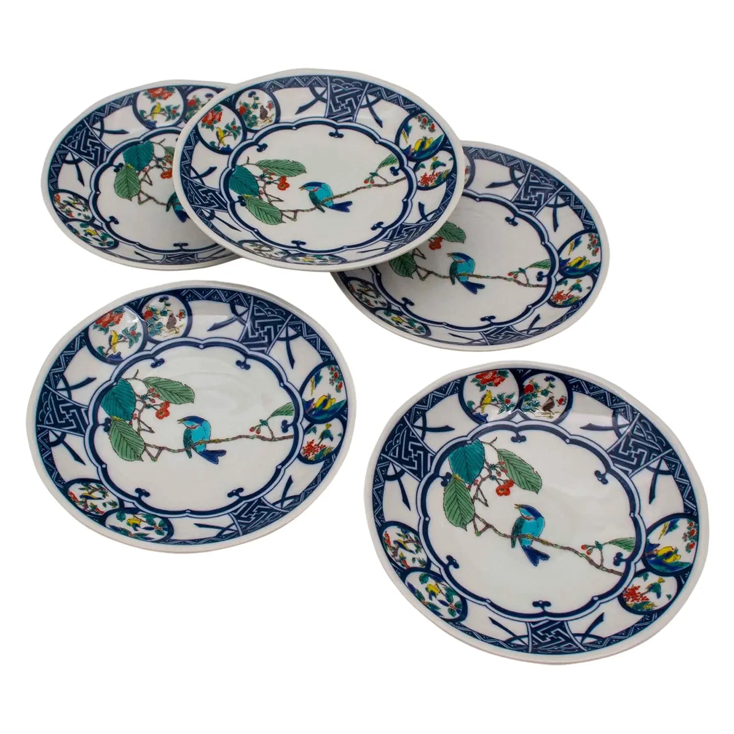 SEIKOU Kutani Porcelain Plate Sometsuke-Marumon-Kachozu 17.5cm 5 pcs