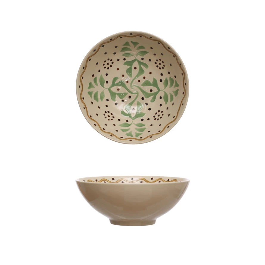 Cream White with Green & Brown Ceramic Serving Bowl