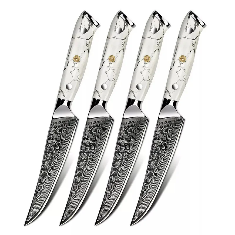 Minimal White Stone Damascus Steak Knife Set Of 4