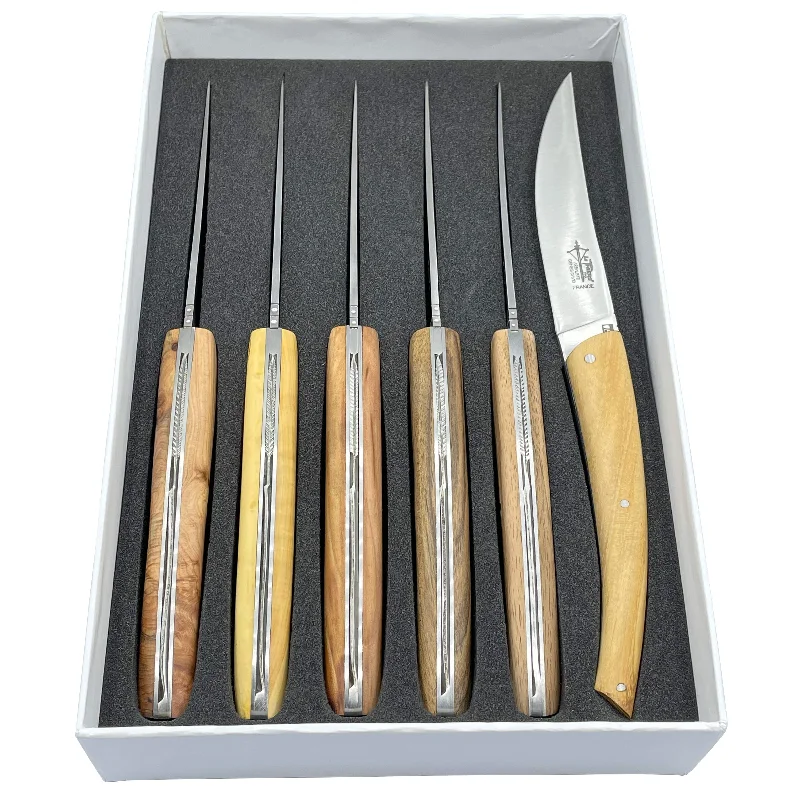 Arbalete Genes David Luxury Fully Forged Steak Knives 6-Piece Set with Full Mixed Wood Handles, 4.25-Inches