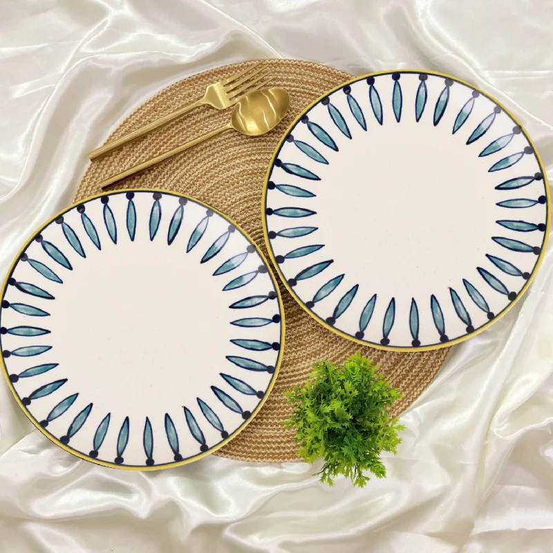 " Kyoto Collection " Handpainted Ceramic Dinner Serving Plates (Set of 2, White and Blue, 10 inches)