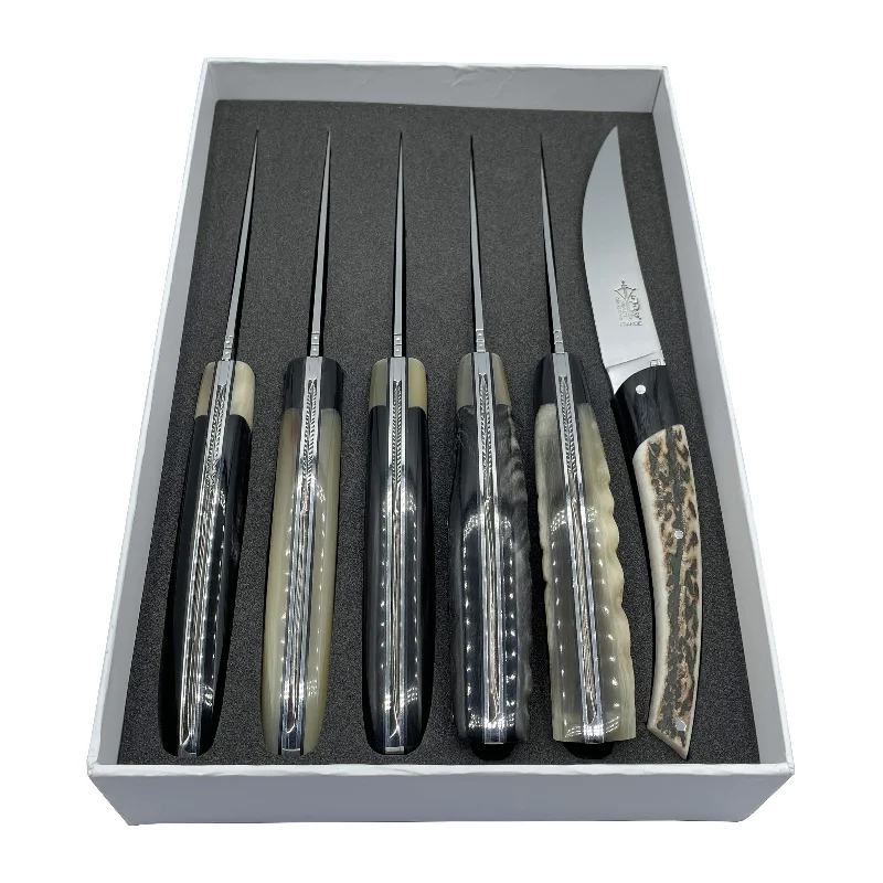 Arbalete Genes David Luxury Fully Forged Steak Knives 6-Piece Set With Full Combined Mixed Horn Handles & Bolsters, 4.25-Inches