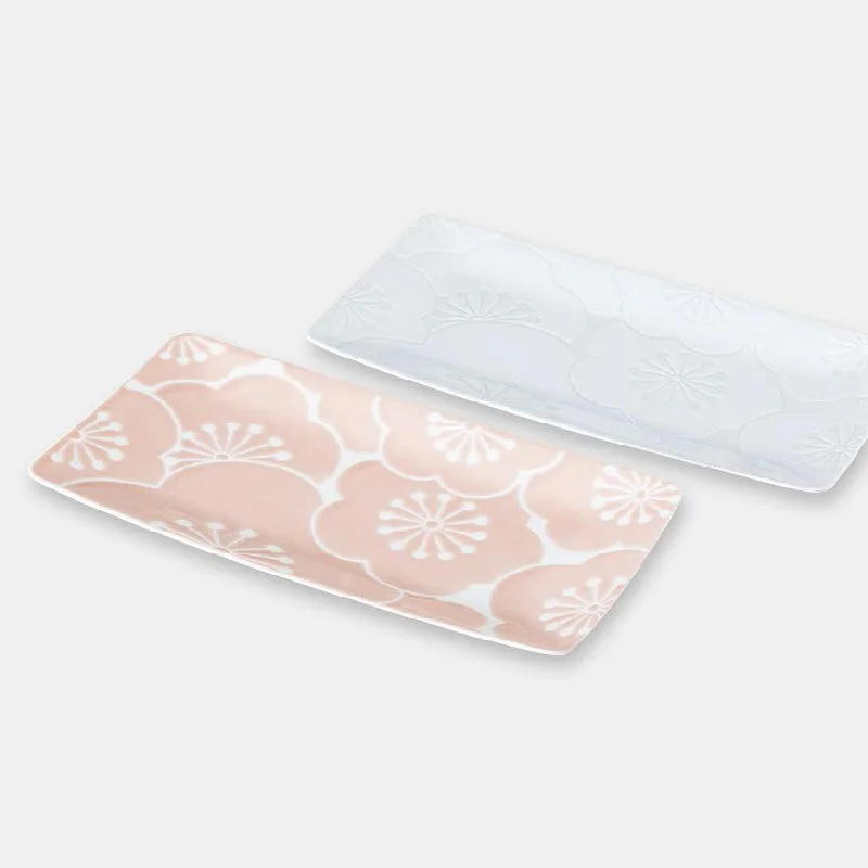 [DISH SETS] HAFURI OBLONG DISH PAIR (PINK & WHITE) | HASAMI WARES| SAIKAI TOKI